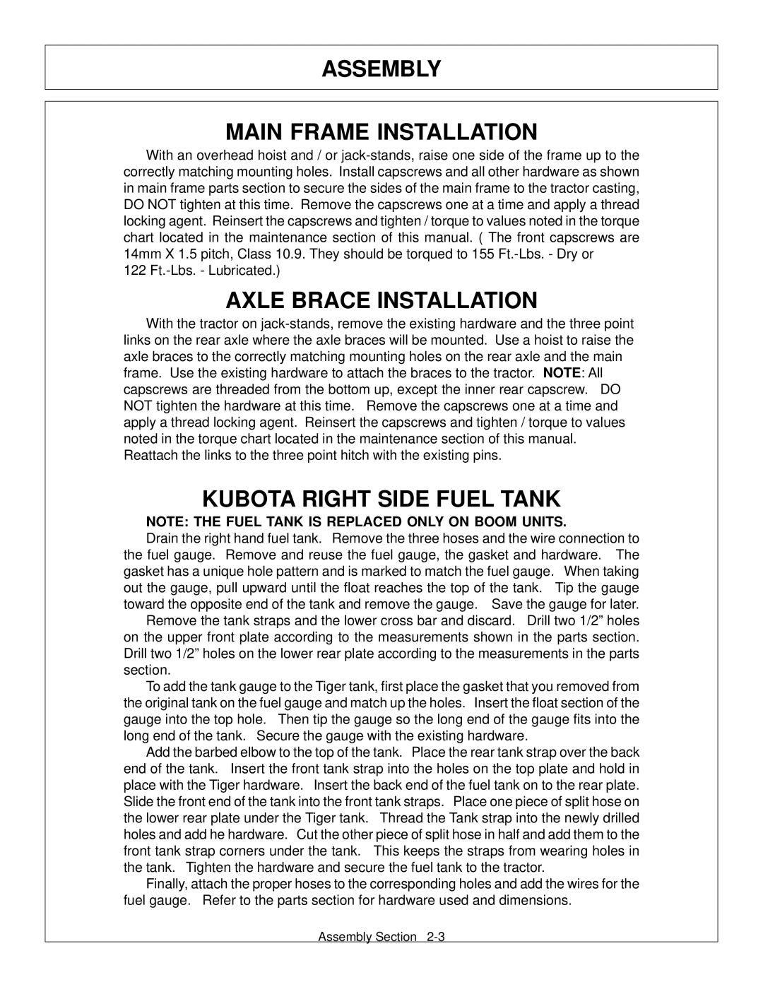 Tiger Products Co., Ltd M105X/S Assembly Main Frame Installation, Axle Brace Installation, Kubota Right Side Fuel Tank 