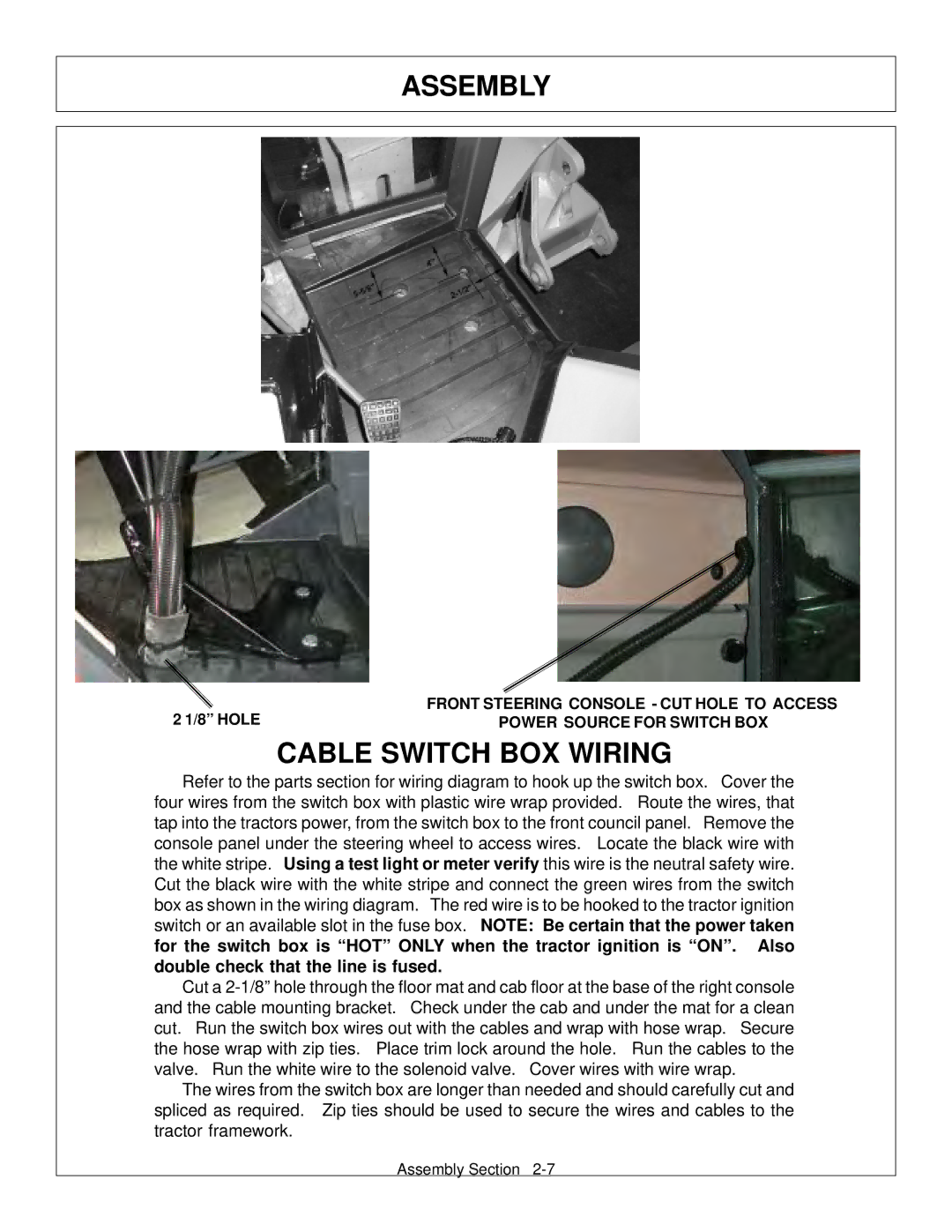 Tiger Products Co., Ltd M105X/S manual Cable Switch BOX Wiring, Front Steering Console CUT Hole to Access 