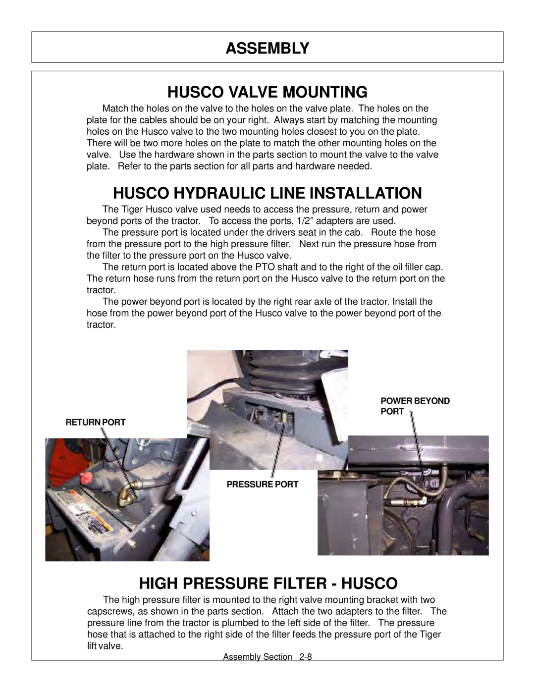 Tiger Products Co., Ltd M105X/S manual Assembly Husco Valve Mounting, Husco Hydraulic Line Installation 