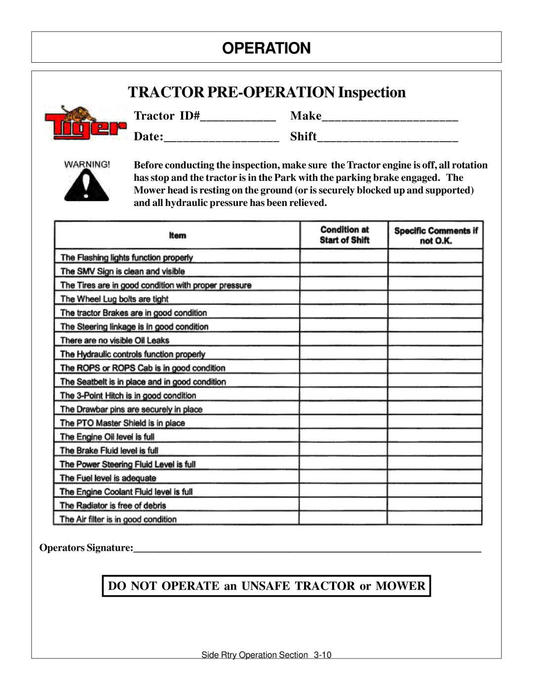 Tiger Products Co., Ltd M105X/S manual Tractor PRE-OPERATION Inspection 