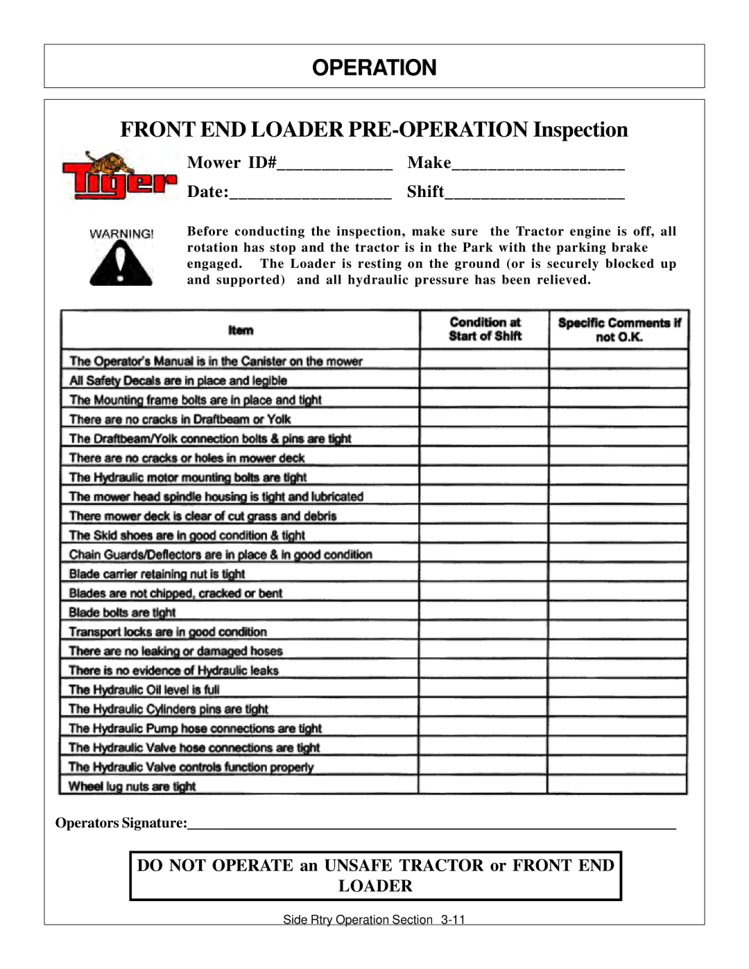 Tiger Products Co., Ltd M105X/S manual Front END Loader PRE-OPERATION Inspection 