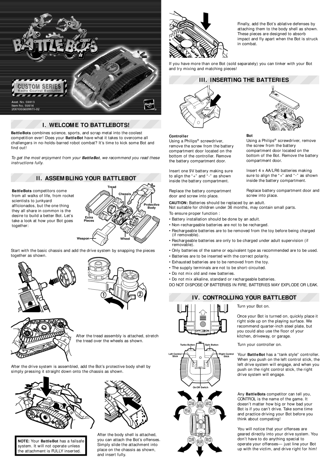 Tiger Products Co., Ltd NONE manual Welcome to Battlebots, III. Inserting the Batteries, II. Assembling Your Battlebot 