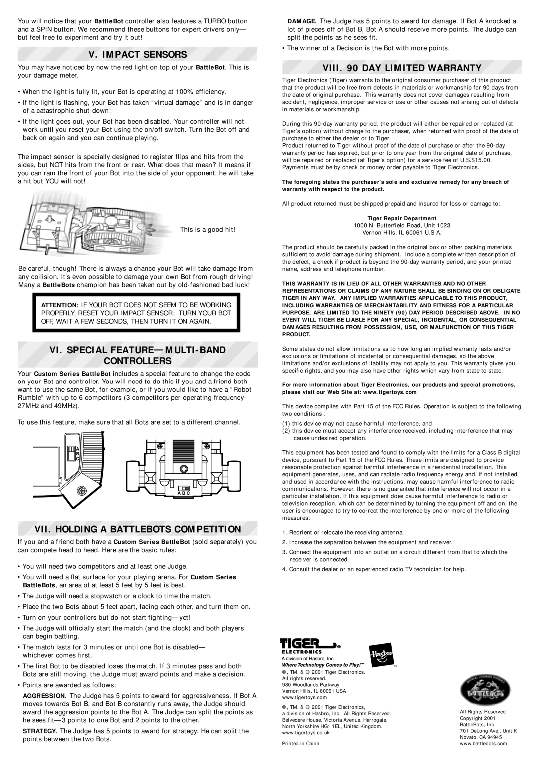 Tiger Products Co., Ltd NONE manual Impact Sensors, VI. Special FEATURE-MULTI-BAND Controllers, Viii DAY Limited Warranty 