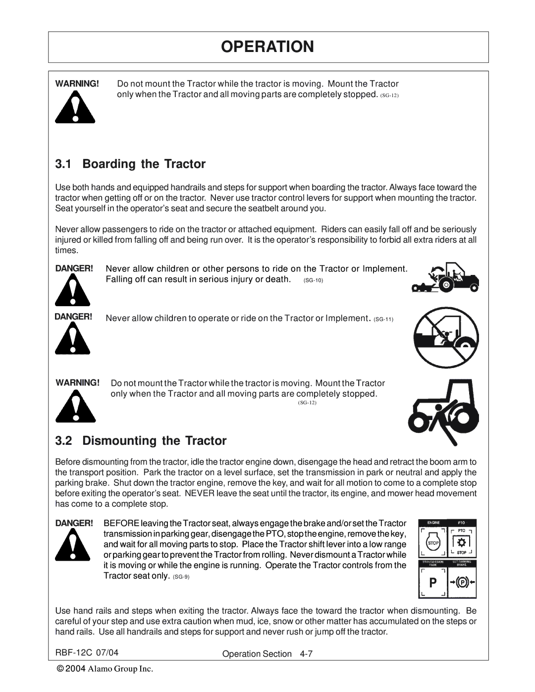 Tiger Products Co., Ltd RBF-12C manual Boarding the Tractor, Dismounting the Tractor 