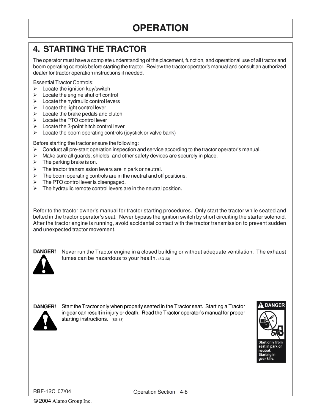 Tiger Products Co., Ltd RBF-12C manual Starting the Tractor 