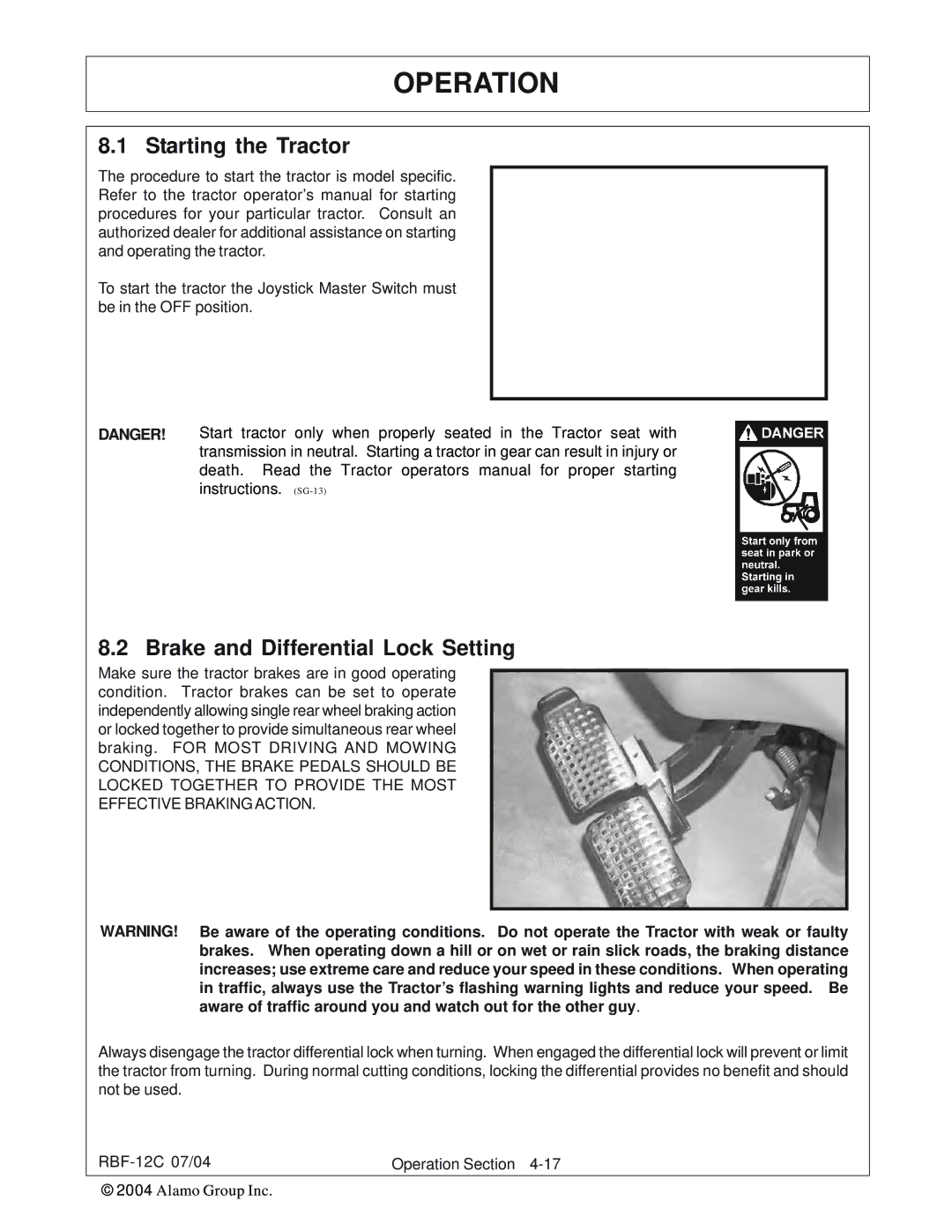 Tiger Products Co., Ltd RBF-12C manual Starting the Tractor, Brake and Differential Lock Setting 