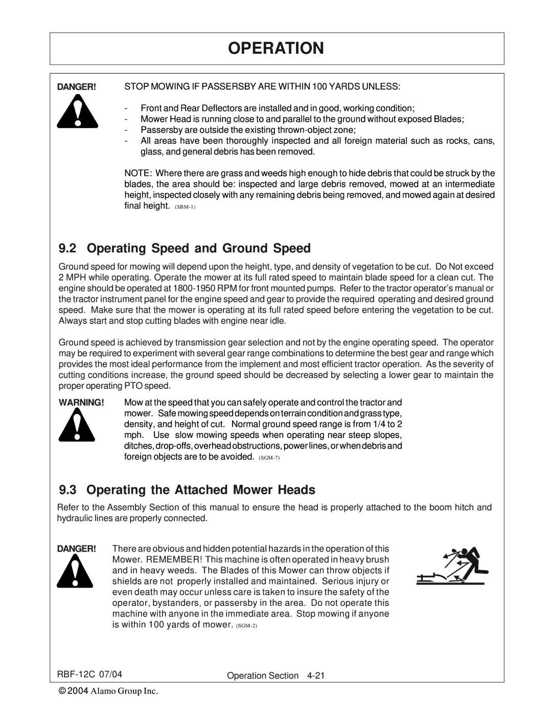 Tiger Products Co., Ltd RBF-12C manual Operating Speed and Ground Speed, Operating the Attached Mower Heads 