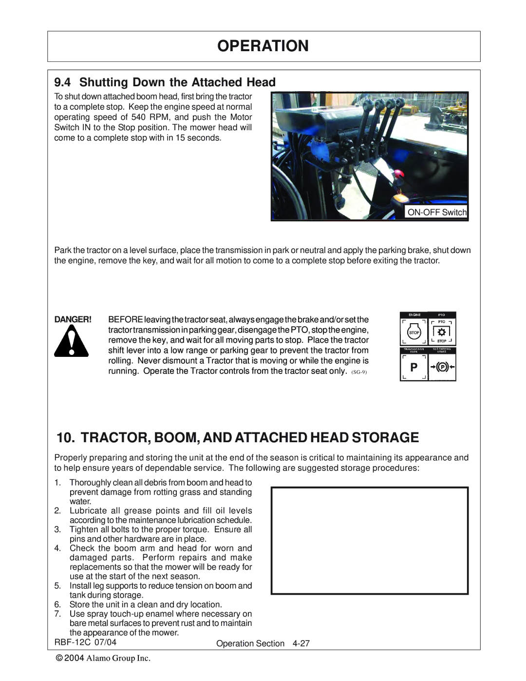 Tiger Products Co., Ltd RBF-12C manual TRACTOR, BOOM, and Attached Head Storage, Shutting Down the Attached Head 