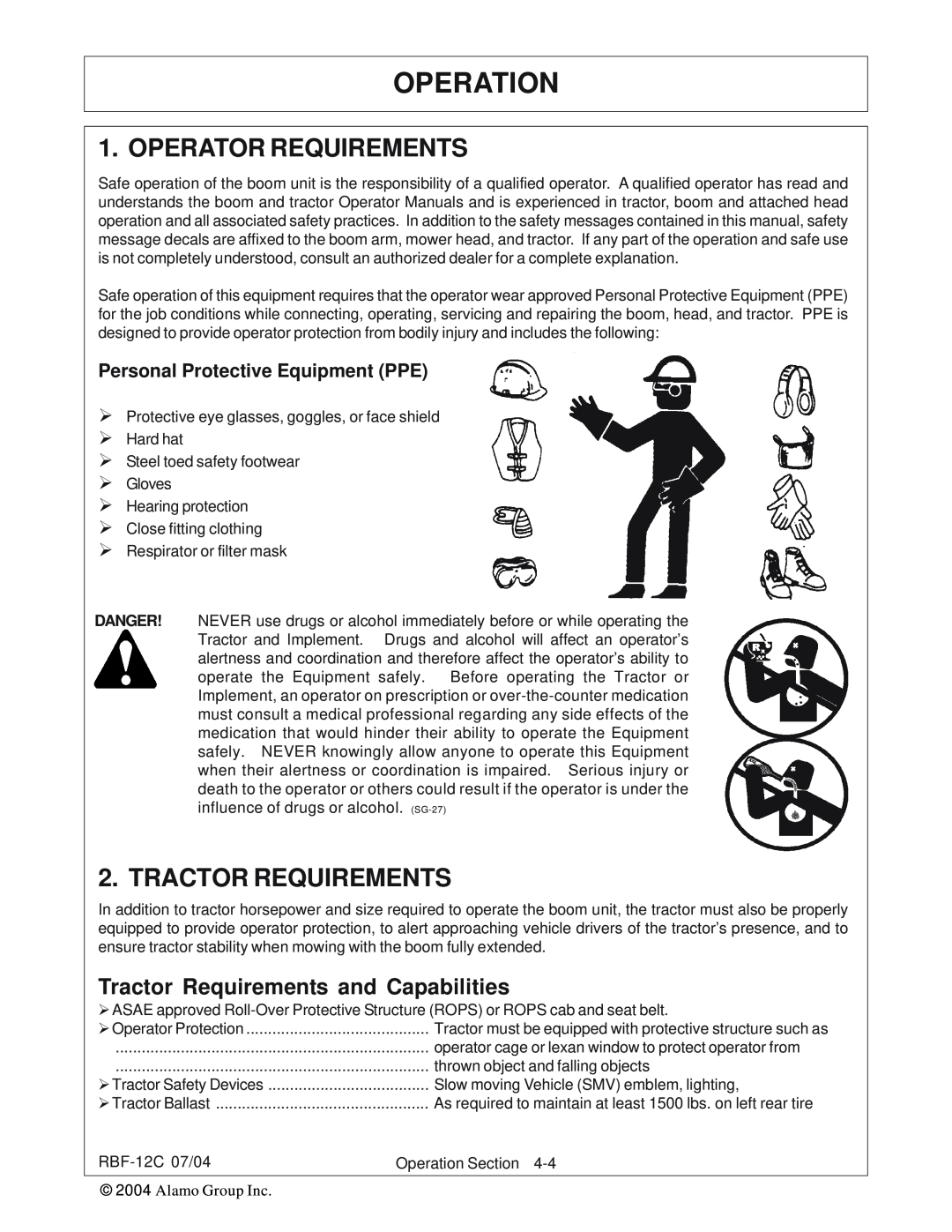 Tiger Products Co., Ltd RBF-12C manual Operator Requirements, Tractor Requirements, Operation 