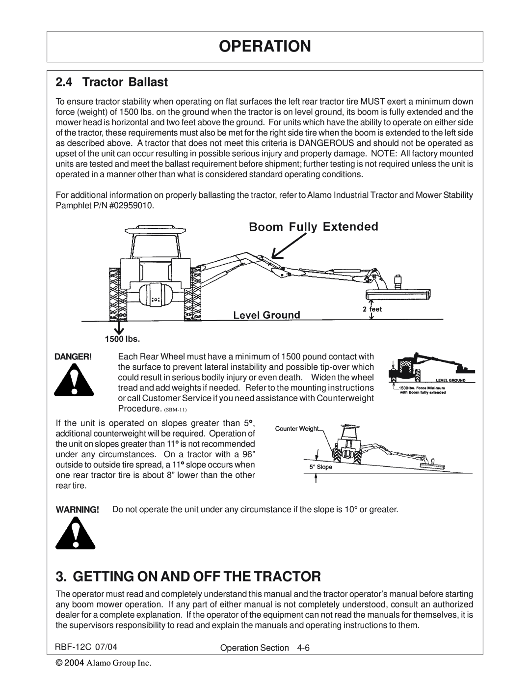 Tiger Products Co., Ltd RBF-12C manual Getting On And Off The Tractor, Operation, Tractor Ballast 