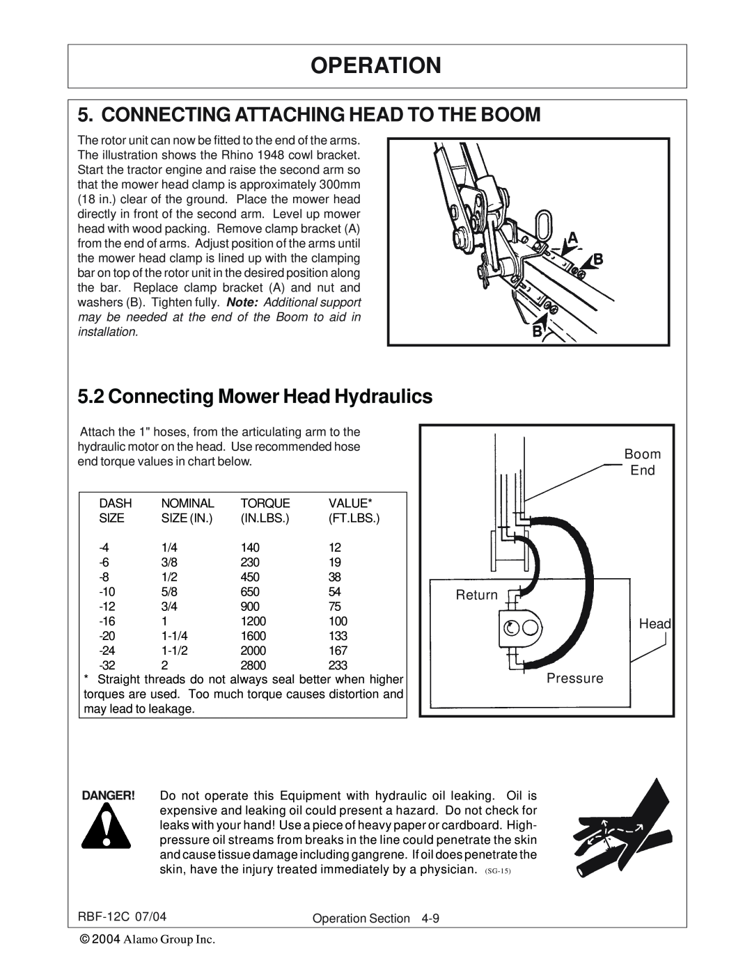 Tiger Products Co., Ltd RBF-12C manual Connecting Attaching Head To The Boom, Connecting Mower Head Hydraulics, Operation 