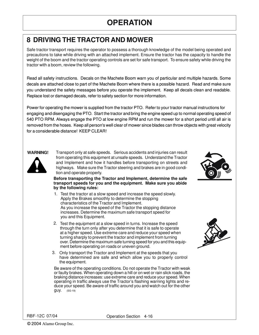 Tiger Products Co., Ltd RBF-12C manual Driving The Tractor And Mower, Operation 
