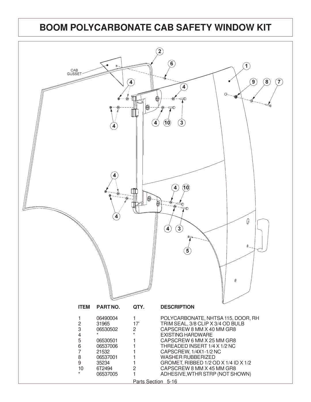 Tiger Products Co., Ltd TS 100A manual Boom Polycarbonate CAB Safety Window KIT 