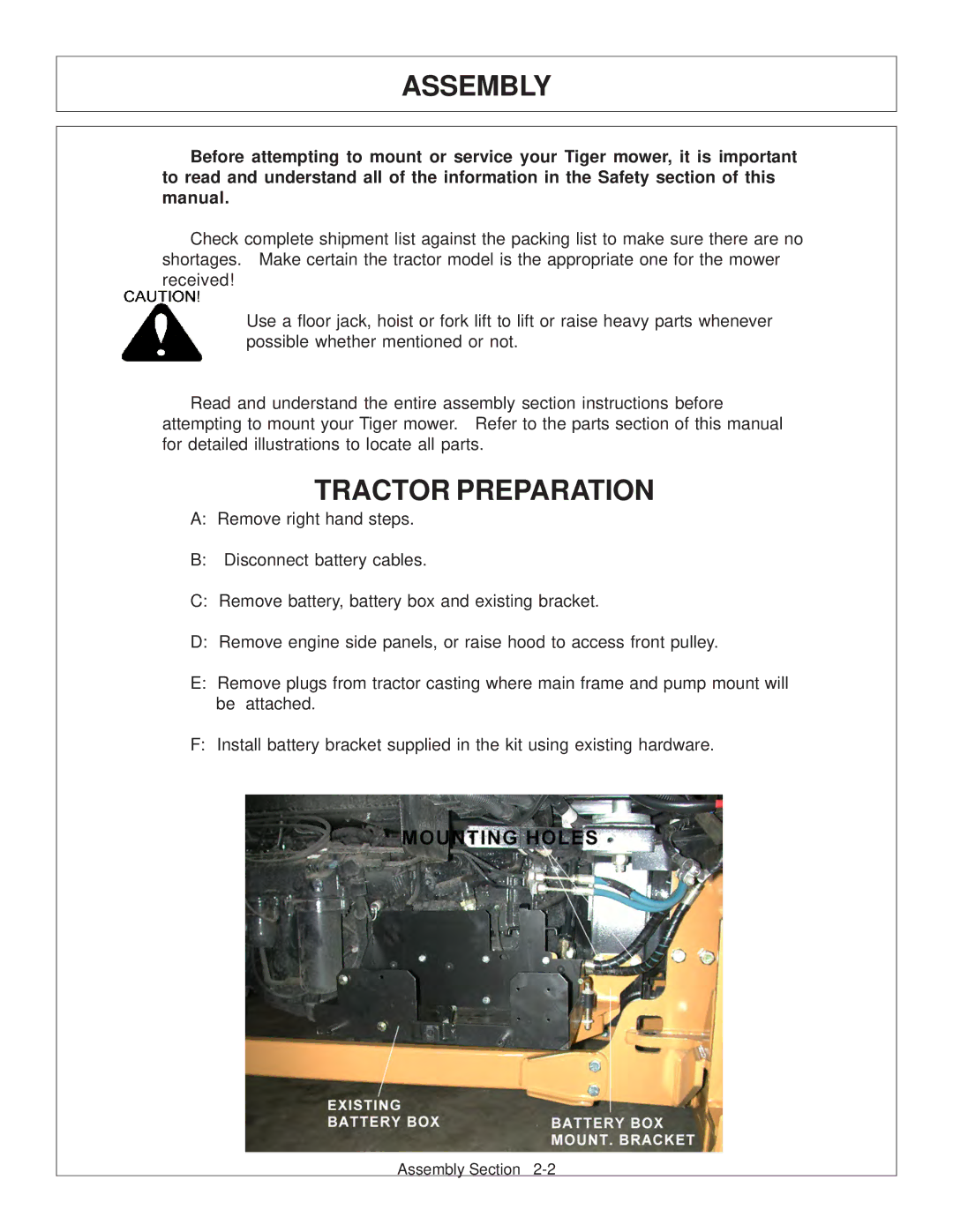 Tiger Products Co., Ltd TS 100A manual Assembly, Tractor Preparation 