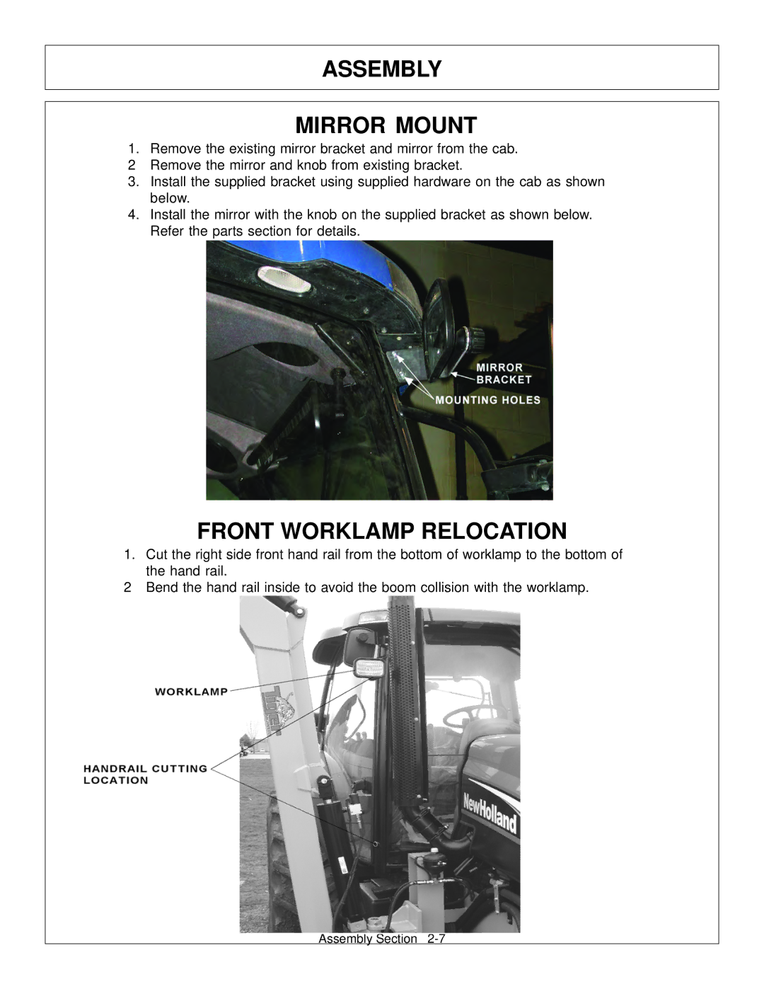 Tiger Products Co., Ltd TS 100A manual Assembly Mirror Mount, Front Worklamp Relocation 