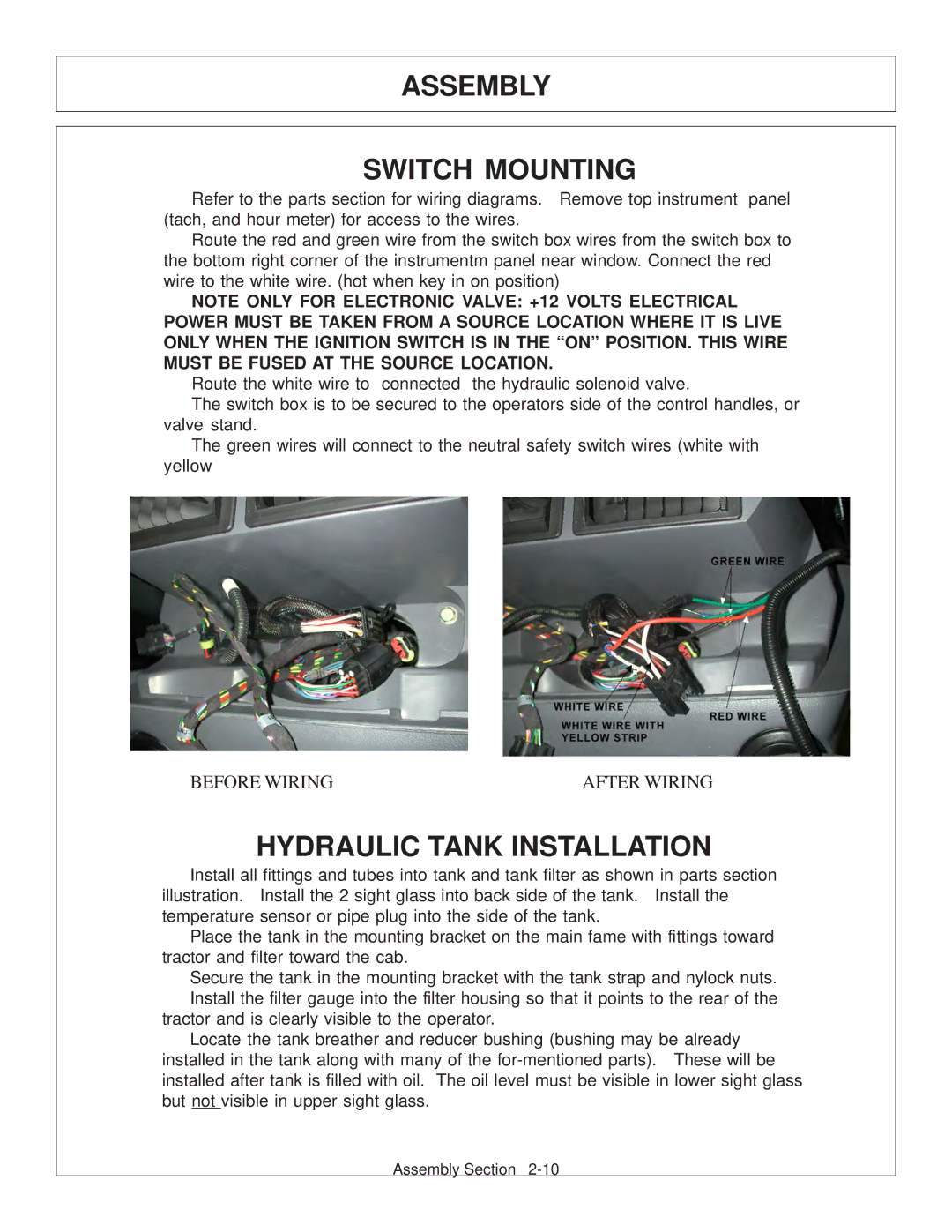 Tiger Products Co., Ltd TS 100A manual Assembly Switch Mounting, Hydraulic Tank Installation 