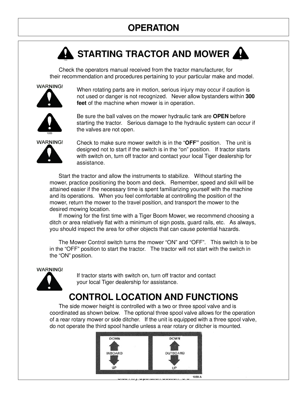 Tiger Products Co., Ltd TS 100A manual Operation Starting Tractor and Mower, Control Location and Functions 