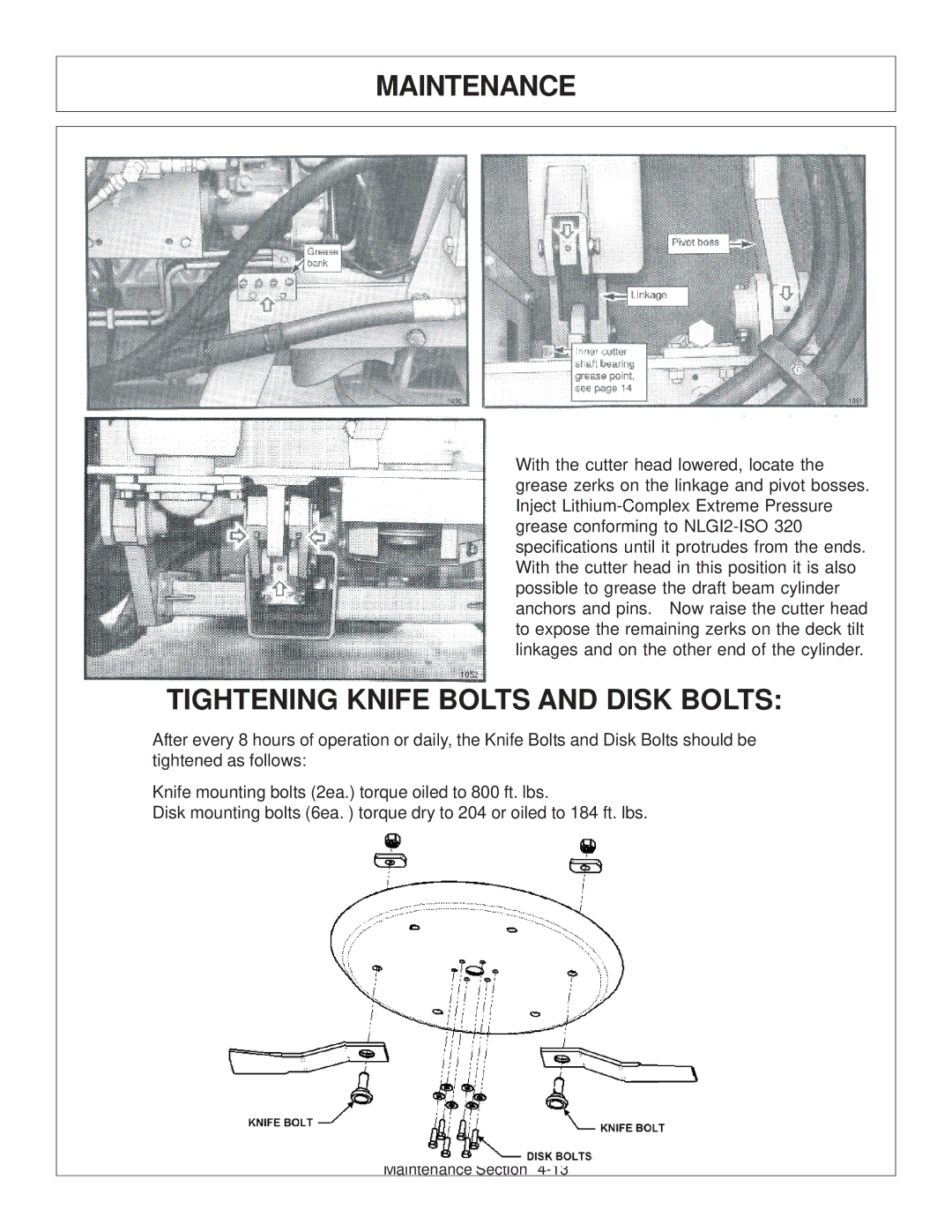 Tiger Products Co., Ltd TS 100A manual Maintenance, Tightening Knife Bolts and Disk Bolts 