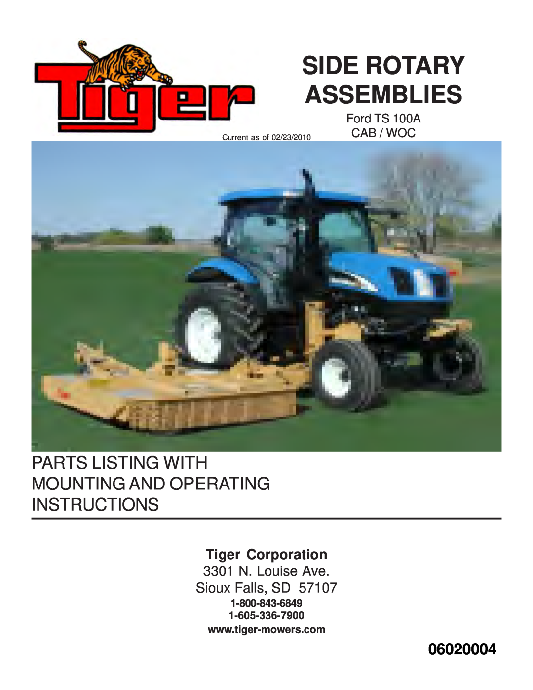 Tiger Products Co., Ltd TS 100A manual 06020004, Tiger Corporation, 3301 N. Louise Ave Sioux Falls, SD 