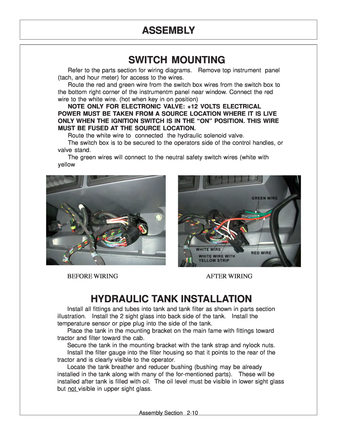 Tiger Products Co., Ltd TS 100A manual Switch Mounting, Hydraulic Tank Installation, Assembly, Before Wiring, After Wiring 