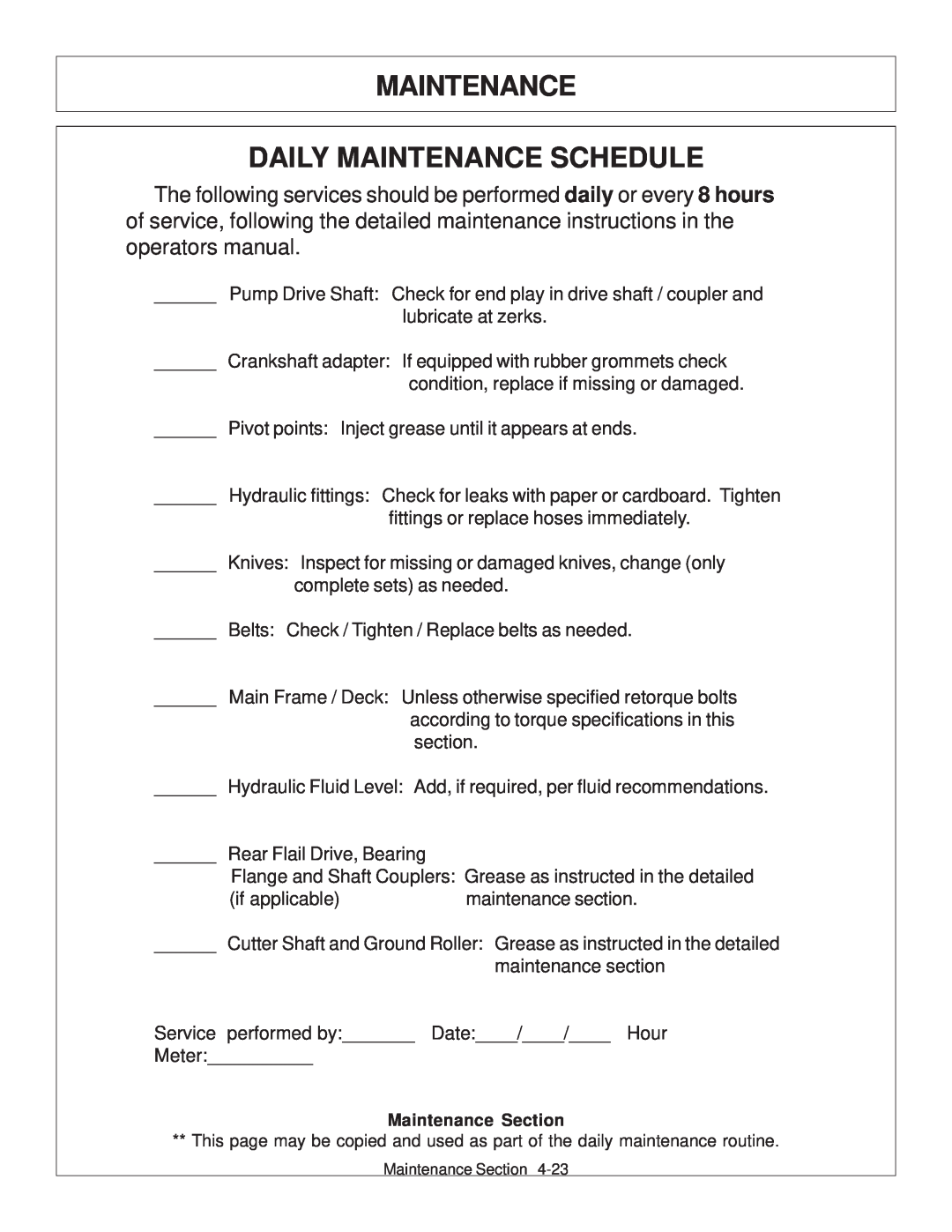 Tiger Products Co., Ltd TS 100A manual Maintenance Daily Maintenance Schedule, Maintenance Section 