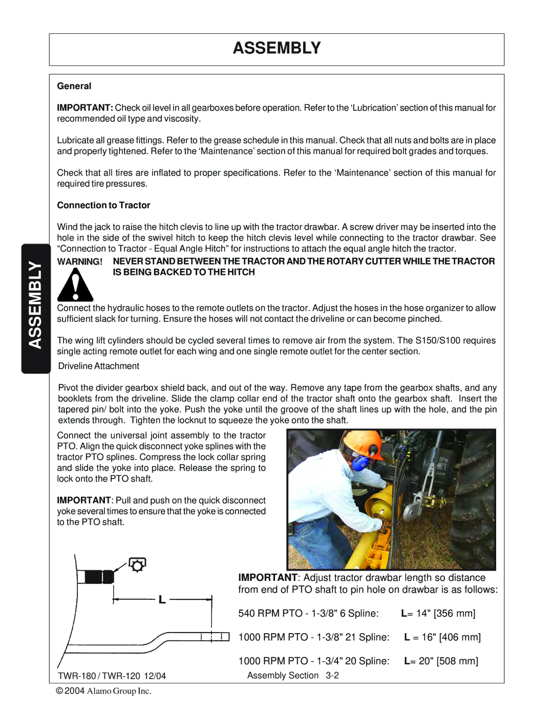 Tiger Products Co., Ltd TWR-180, TWR-120 manual Assembly, General, Connection to Tractor 