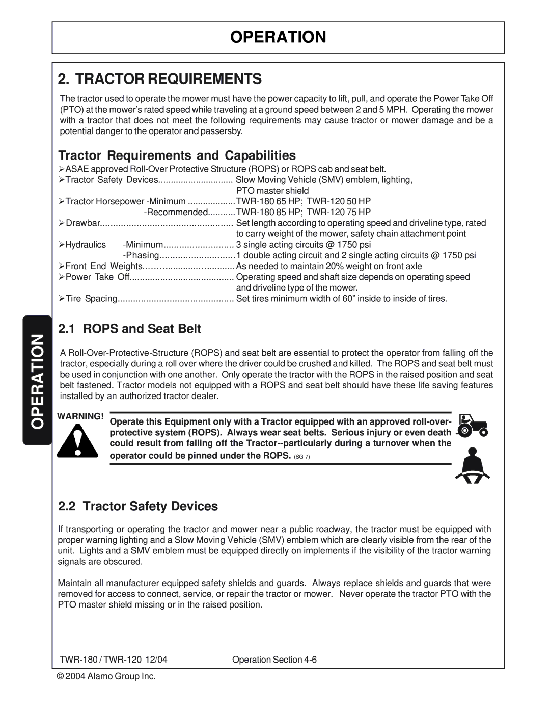 Tiger Products Co., Ltd TWR-180 Tractor Requirements and Capabilities, Rops and Seat Belt, Tractor Safety Devices 