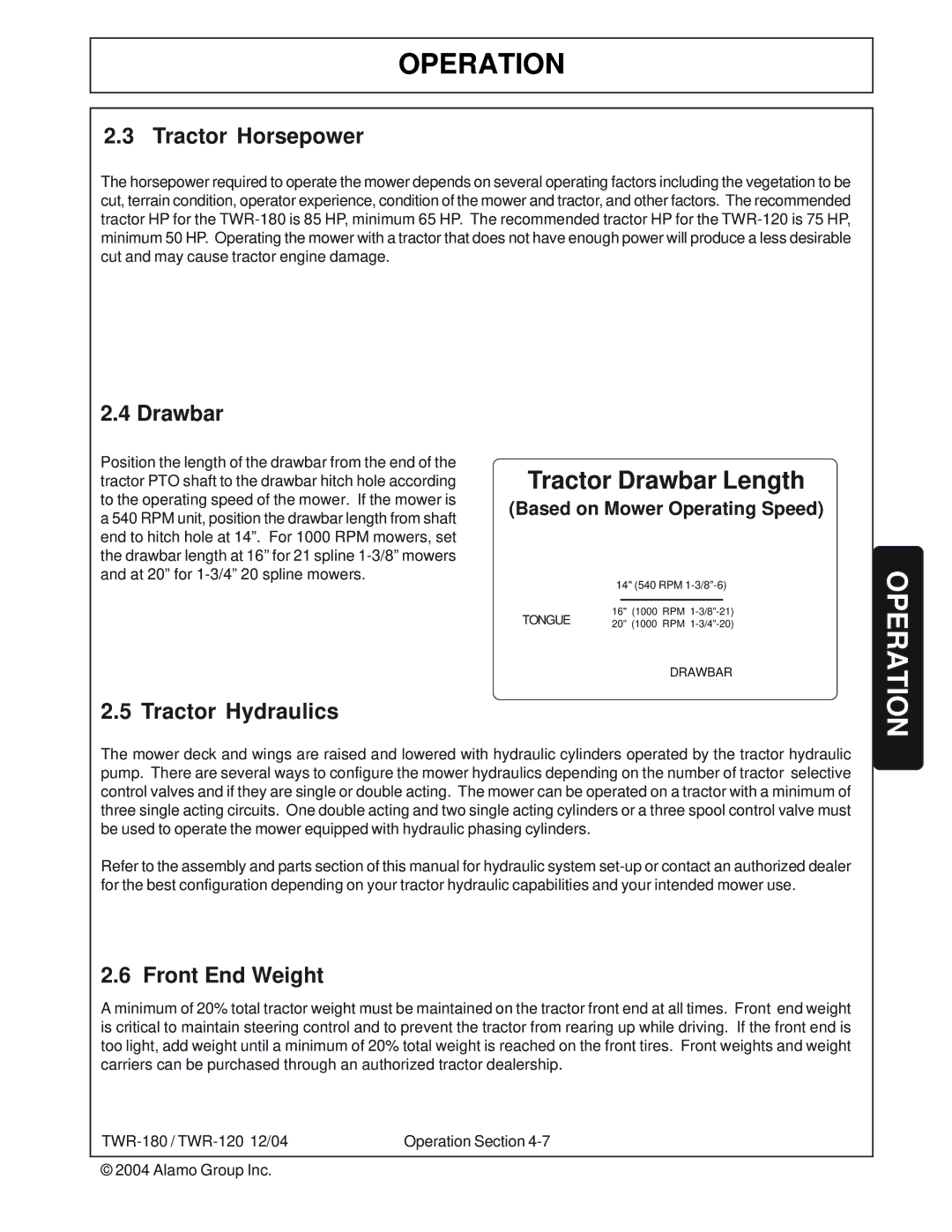 Tiger Products Co., Ltd TWR-120, TWR-180 manual Tractor Horsepower, Drawbar, Tractor Hydraulics, Front End Weight 