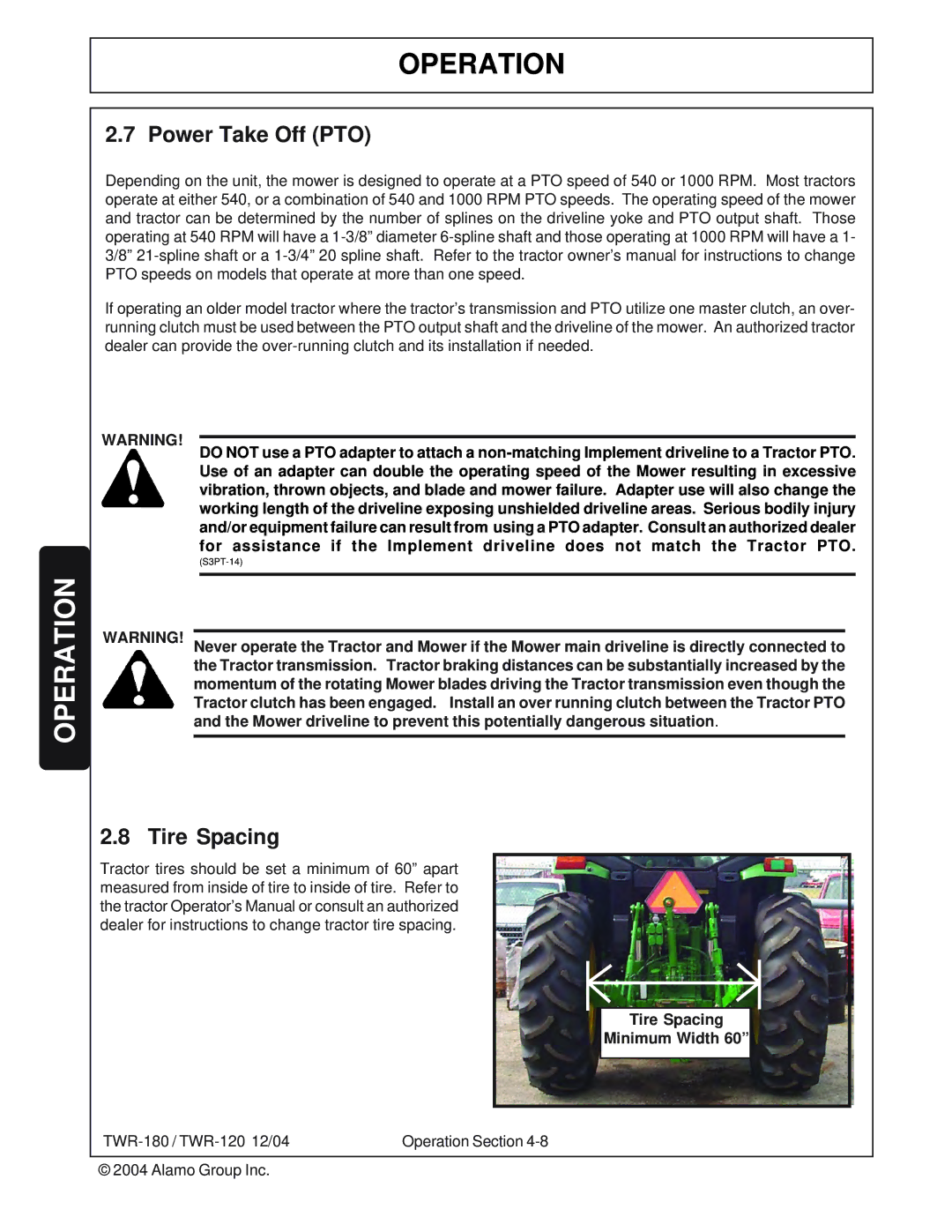 Tiger Products Co., Ltd TWR-180, TWR-120 manual Power Take Off PTO, Tire Spacing Minimum Width 