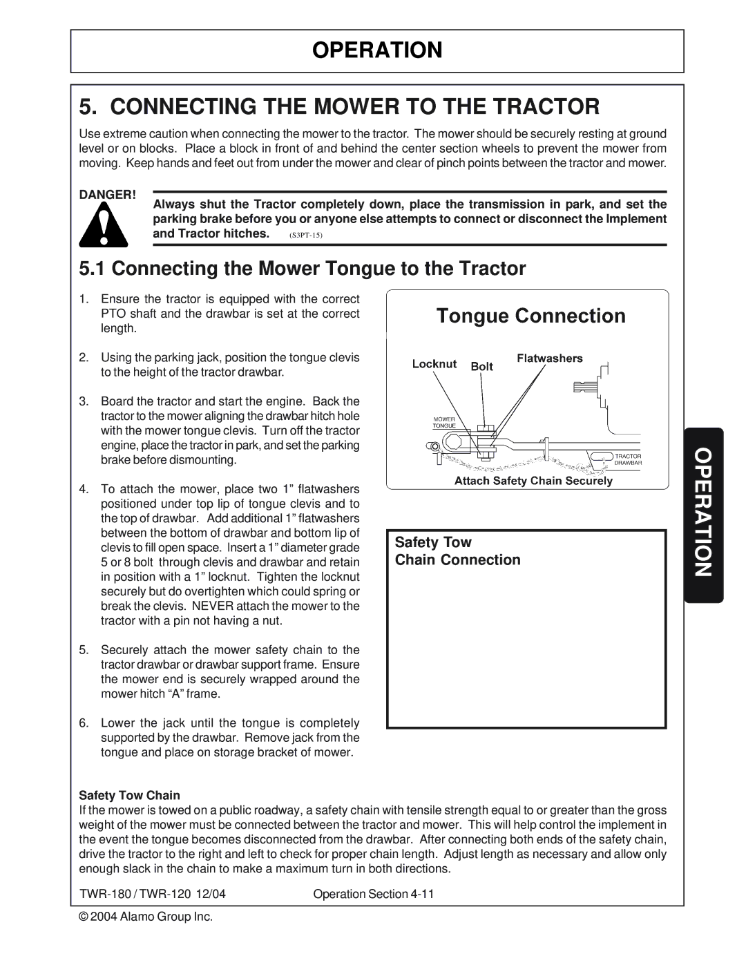 Tiger Products Co., Ltd TWR-120, TWR-180 manual Operation Connecting the Mower to the Tractor, Safety Tow Chain 