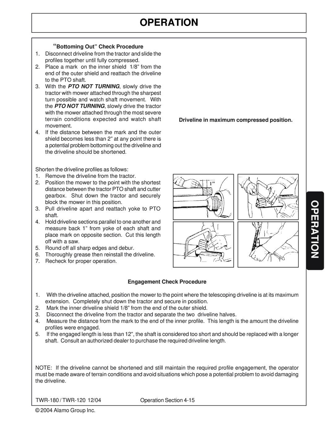 Tiger Products Co., Ltd TWR-120, TWR-180 manual Bottoming Out Check Procedure, Driveline in maximum compressed position 