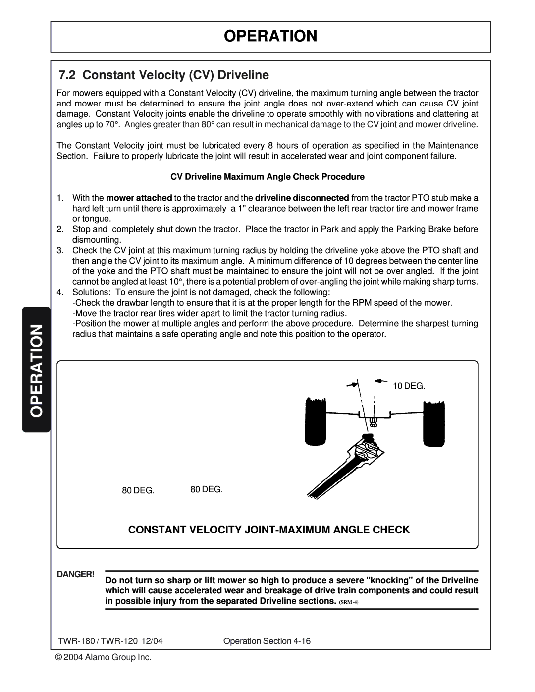 Tiger Products Co., Ltd TWR-180, TWR-120 manual Constant Velocity CV Driveline, CV Driveline Maximum Angle Check Procedure 