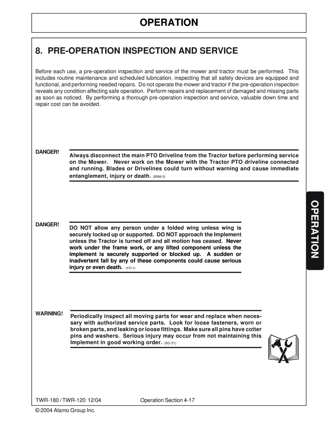 Tiger Products Co., Ltd TWR-120, TWR-180 manual PRE-OPERATION Inspection and Service, Entanglement, injury or death. SRM-3 