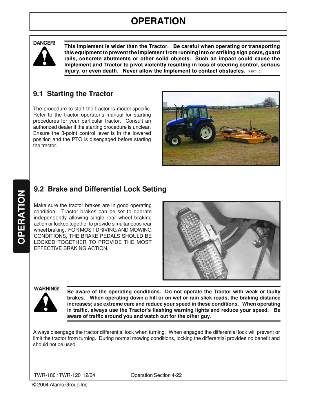 Tiger Products Co., Ltd TWR-180, TWR-120 manual Starting the Tractor, Brake and Differential Lock Setting 