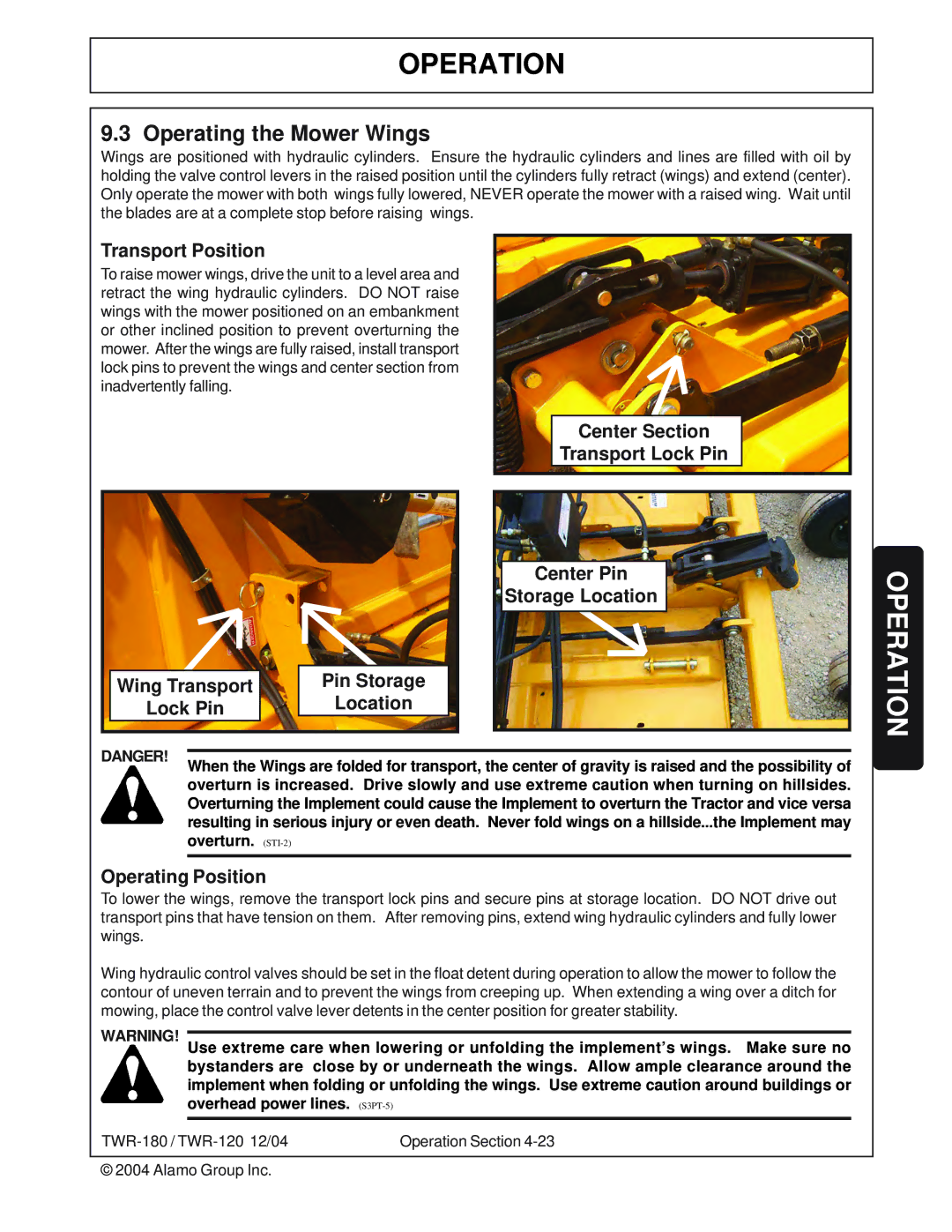 Tiger Products Co., Ltd TWR-120, TWR-180 manual Operating the Mower Wings, Transport Position 