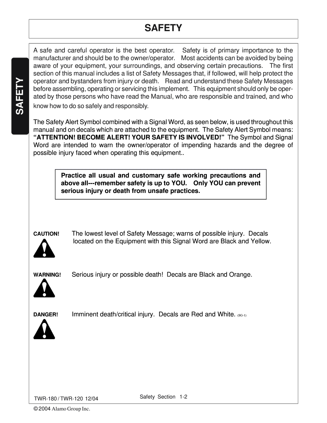 Tiger Products Co., Ltd TWR-180, TWR-120 manual Safety 