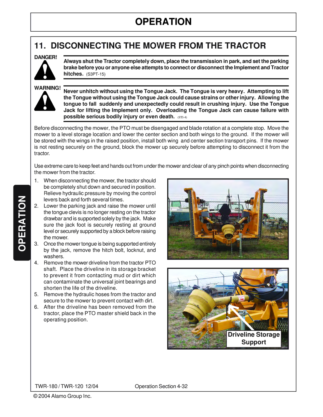 Tiger Products Co., Ltd TWR-180, TWR-120 manual Disconnecting the Mower from the Tractor 