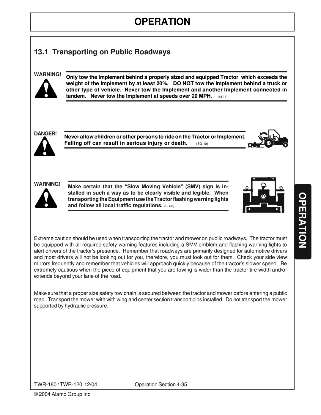 Tiger Products Co., Ltd TWR-120, TWR-180 manual Transporting on Public Roadways, Operation 