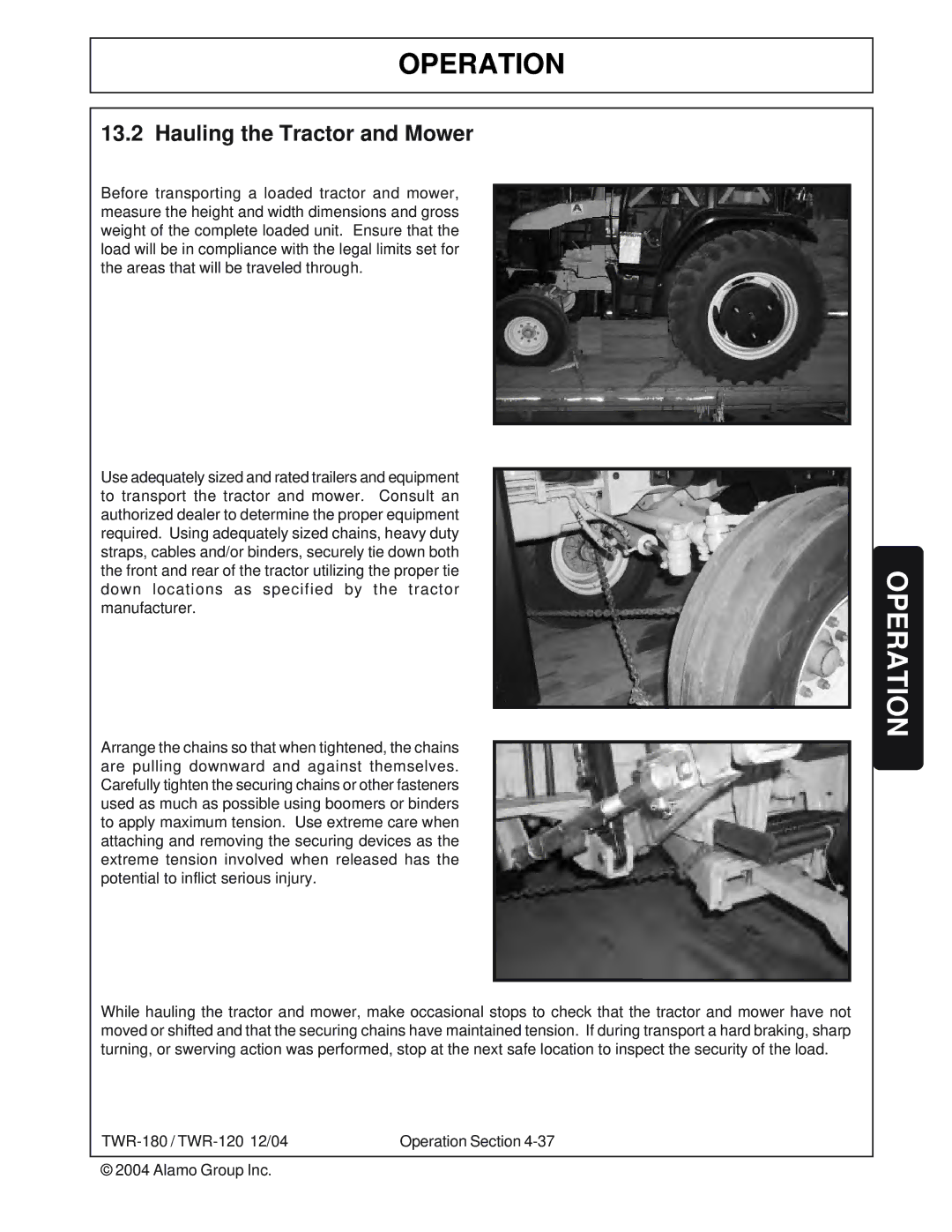 Tiger Products Co., Ltd TWR-120, TWR-180 manual Hauling the Tractor and Mower 