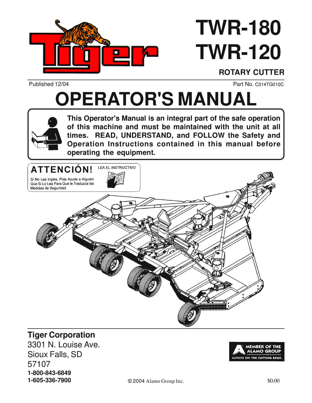 Tiger Products Co., Ltd manual Tiger Corporation 3301 N. Louise Ave. Sioux Falls, SD, TWR-180 TWR-120, Operators Manual 
