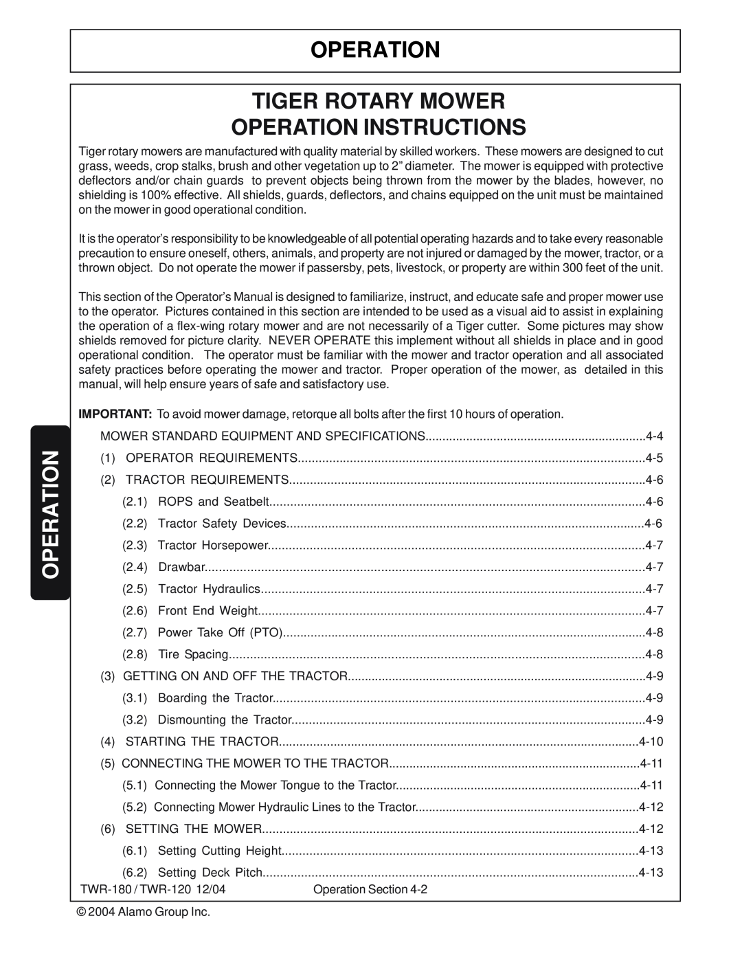 Tiger Products Co., Ltd TWR-180, TWR-120 manual Operation Tiger Rotary Mower Operation Instructions 