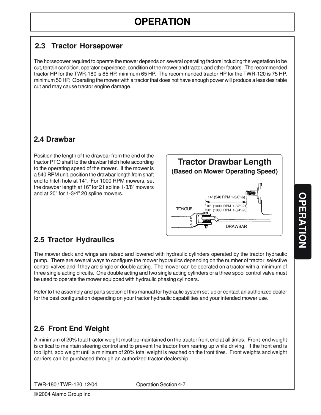 Tiger Products Co., Ltd TWR-120, TWR-180 manual Tractor Drawbar Length, Operation, Tractor Horsepower, Tractor Hydraulics 