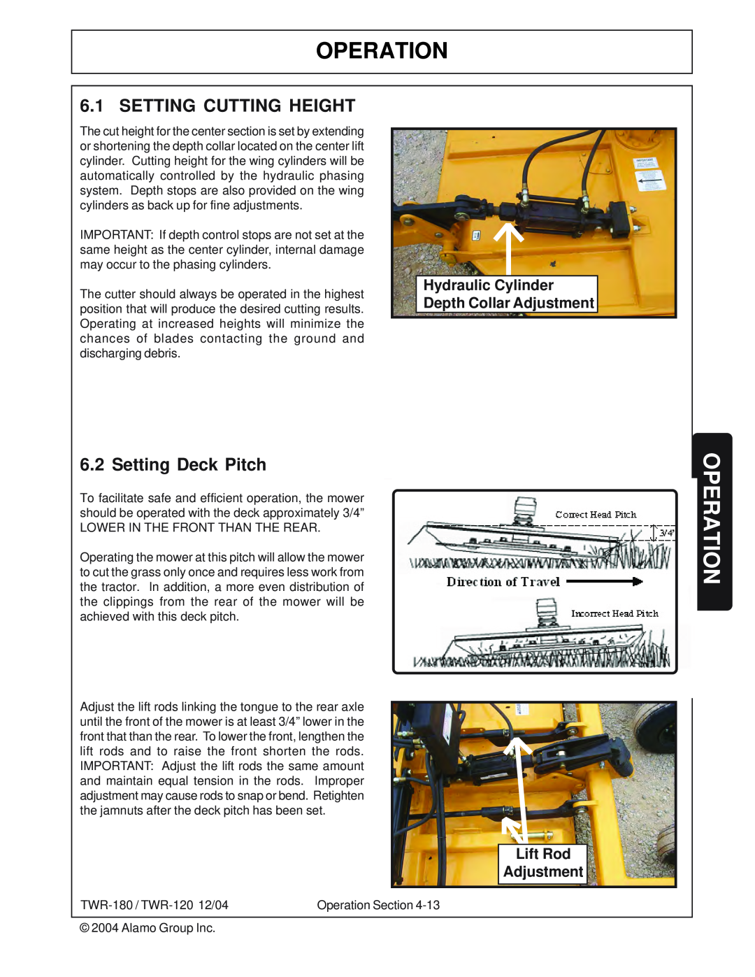 Tiger Products Co., Ltd TWR-120, TWR-180 Operation, Hydraulic Cylinder Depth Collar Adjustment, Leveling Rod Adjustments 