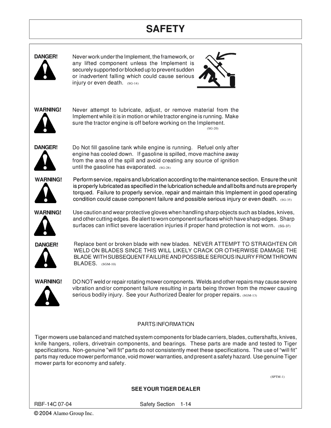 Tiger RBF-14C manual Parts Information, See Your Tiger Dealer 