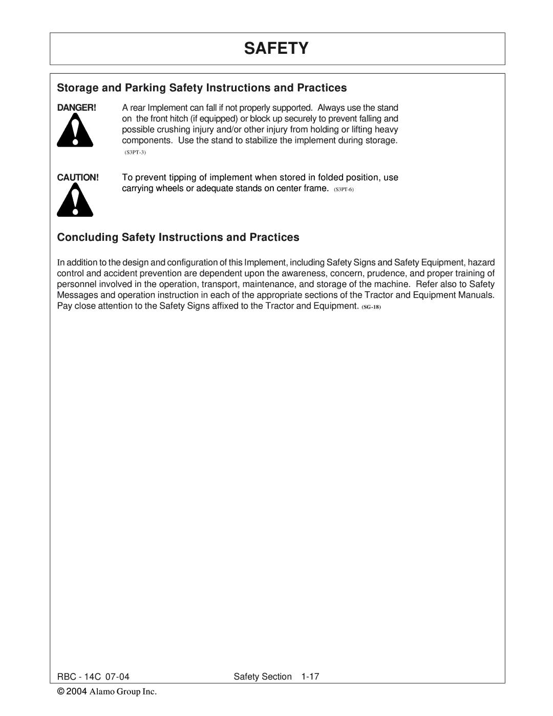 Tiger RBF-14C manual Storage and Parking Safety Instructions and Practices 