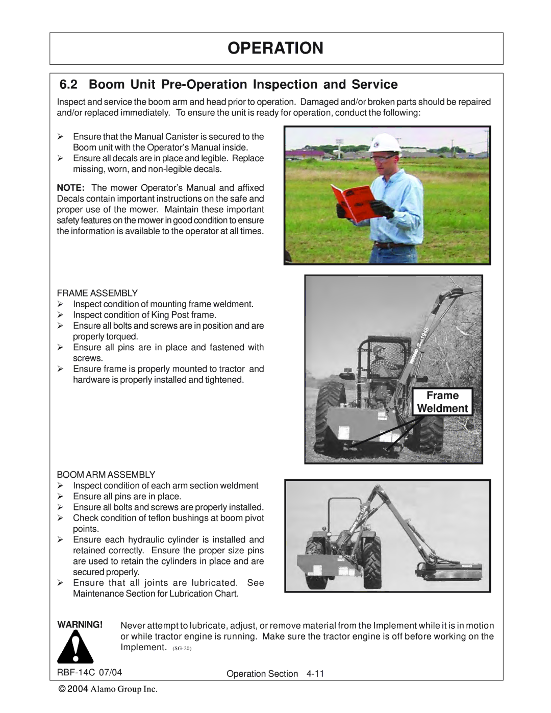 Tiger RBF-14C manual Boom Unit Pre-Operation Inspection and Service, Frame Assembly, Boom ARM Assembly 