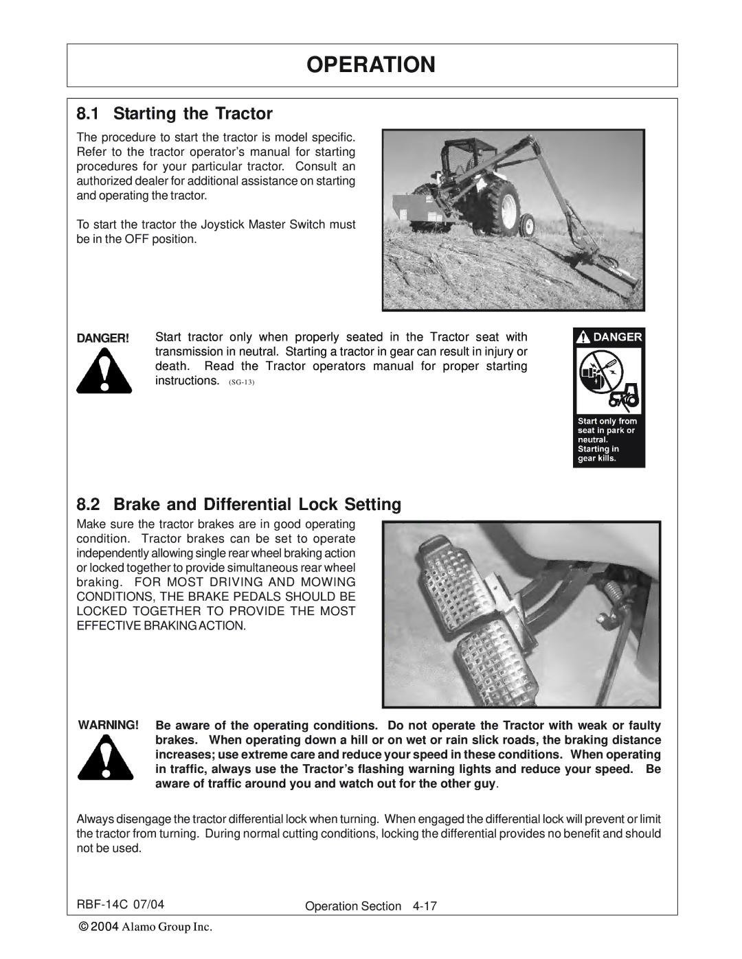 Tiger RBF-14C manual Starting the Tractor, Brake and Differential Lock Setting 