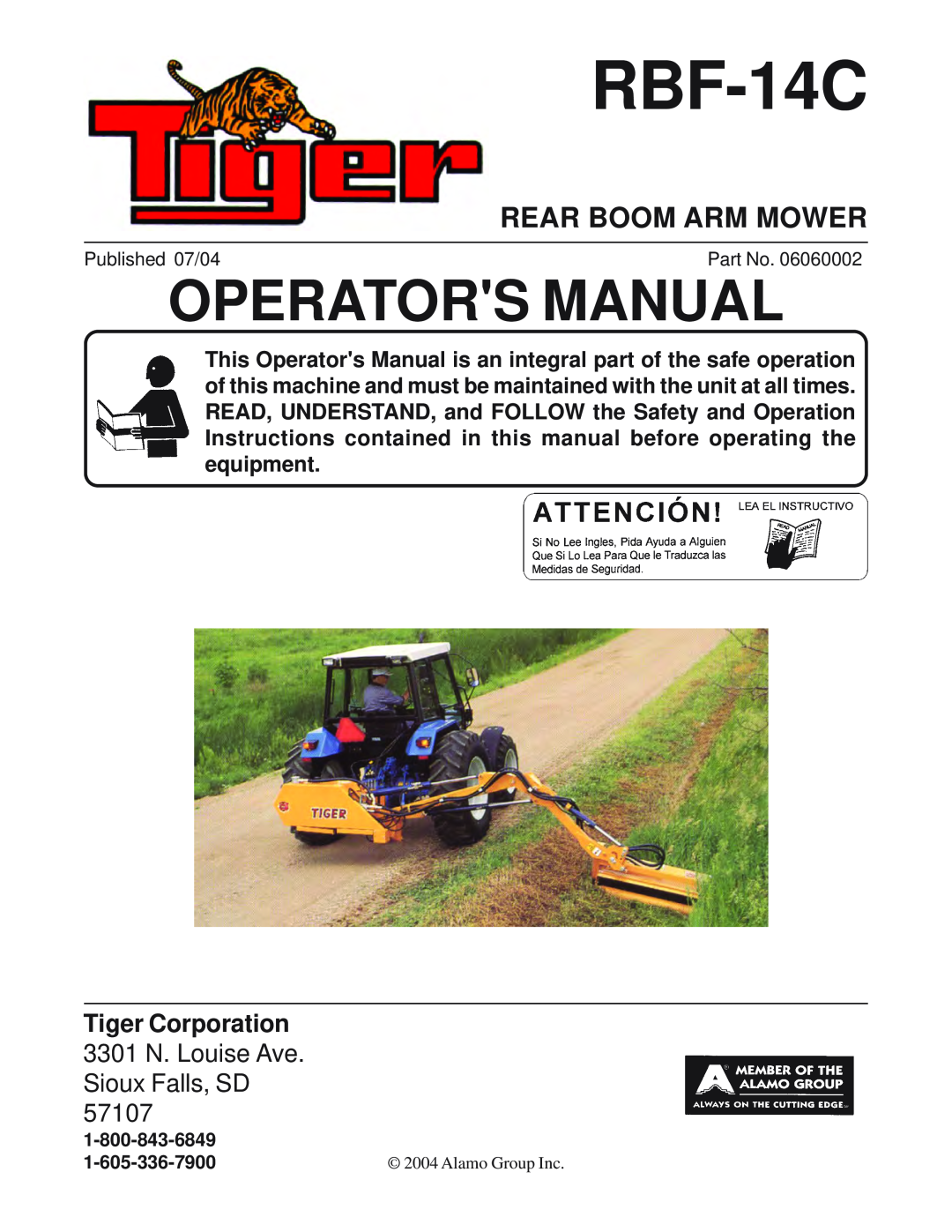 Tiger RBF-14C manual Rear Boom Arm Mower, Operators Manual 