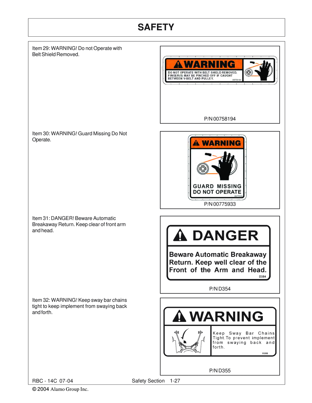 Tiger RBF-14C manual Safety, Item 30: WARNING! Guard Missing Do Not Operate, P/N P/N P/N D354, P/N D355, RBC - 14C 