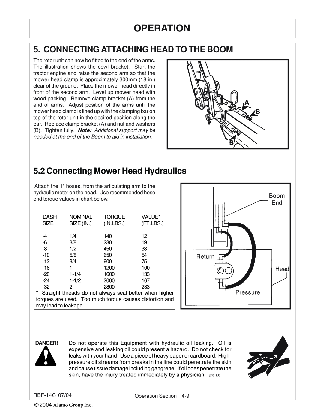 Tiger RBF-14C manual Connecting Attaching Head To The Boom, Connecting Mower Head Hydraulics, Operation 